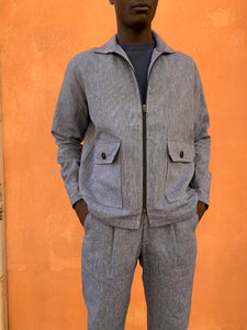 LIMA ZIP - JACKET SHIRT -  Linen Avio Blue Stripe