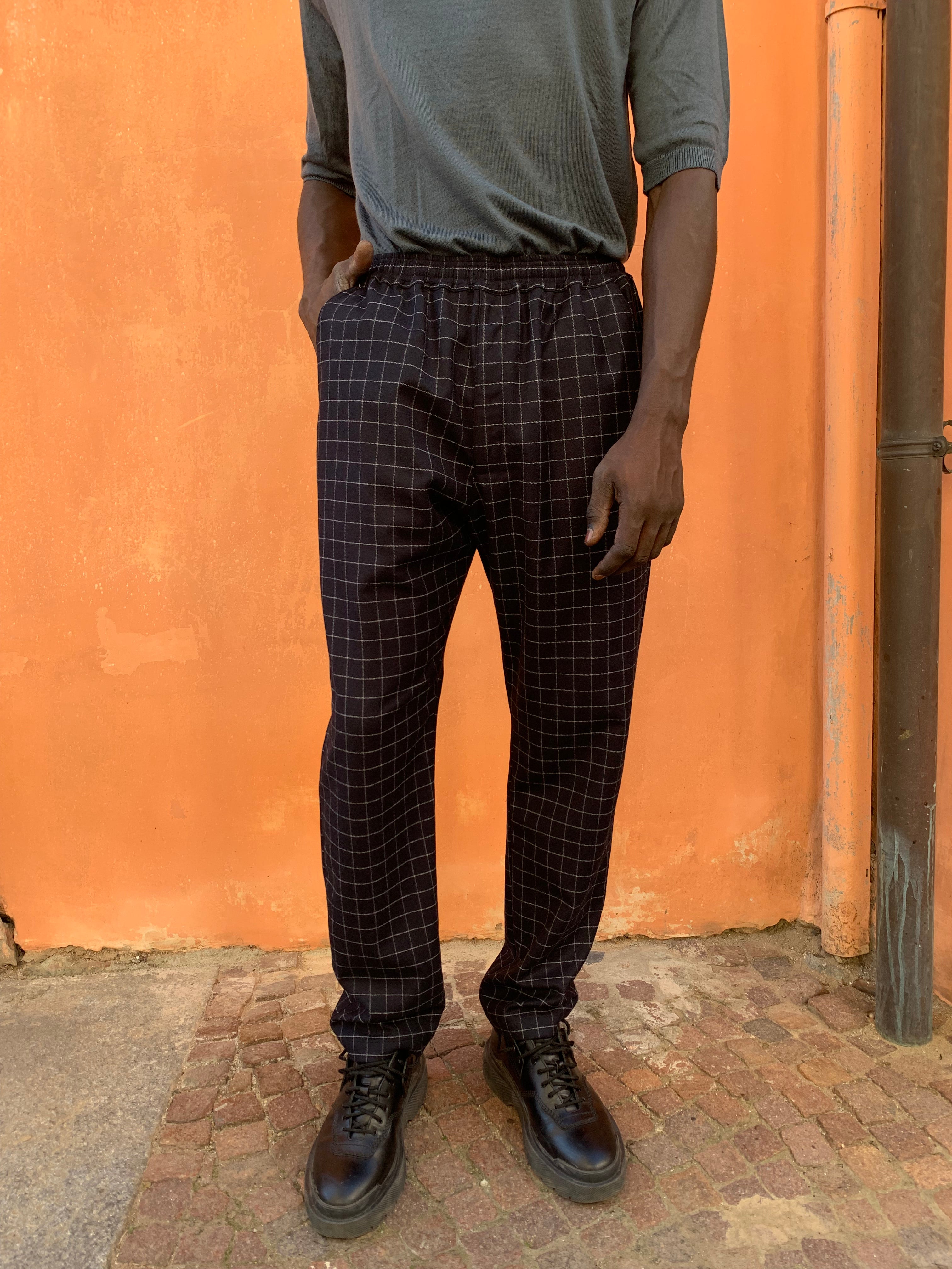 ECLIPSE - ELASTIC TROUSERS - Wool Check Navy Stripe Light Grey