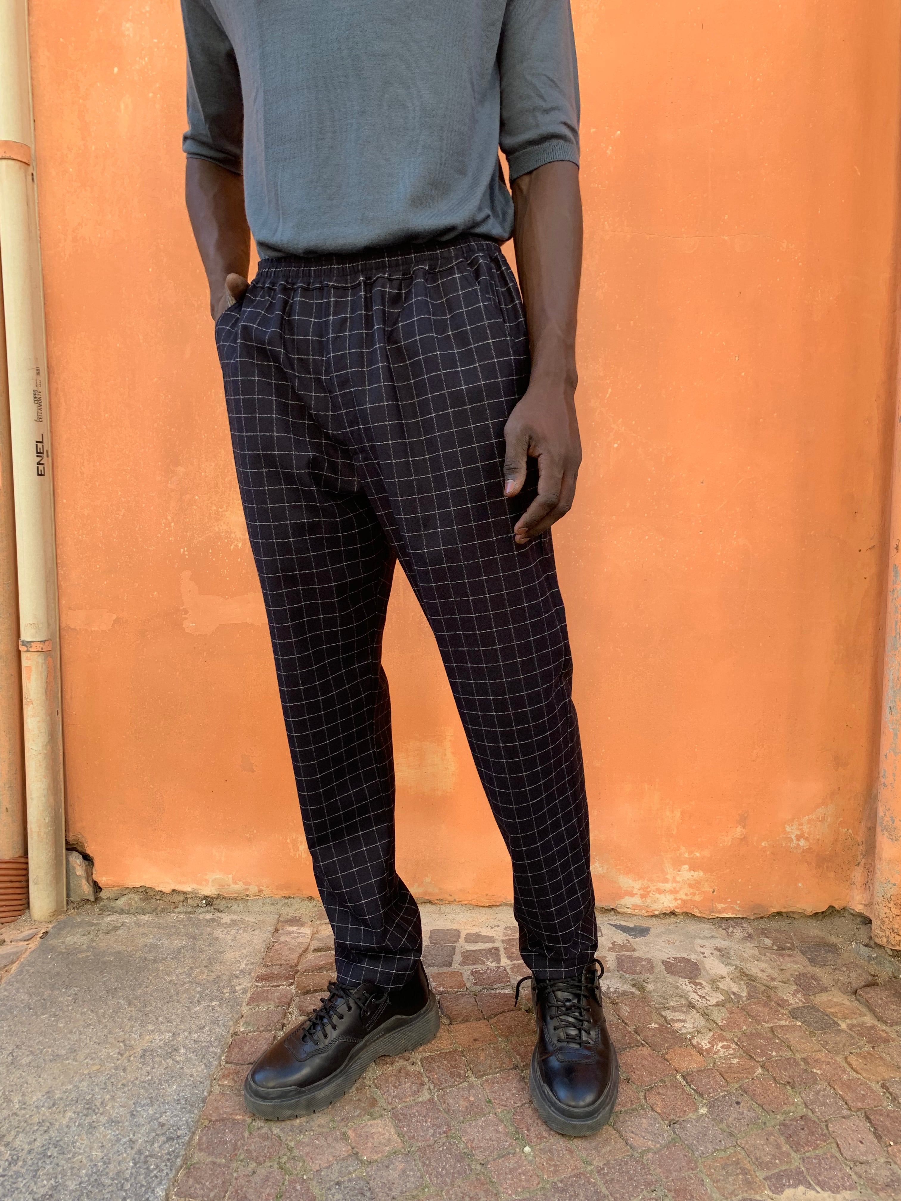 ECLIPSE - ELASTIC TROUSERS - Wool Check Navy Stripe Light Grey