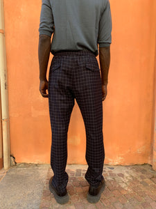 ECLIPSE - ELASTIC TROUSERS - Wool Check Navy Stripe Light Grey